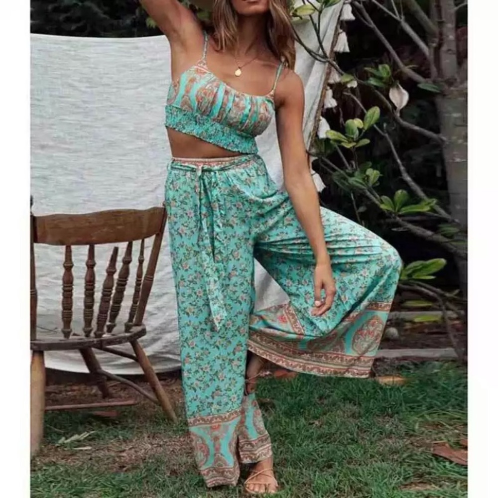 SOLD OUT Boho Floral Gypsy Crop Top & Wide Leg Pant Set - Picture 1 of 7